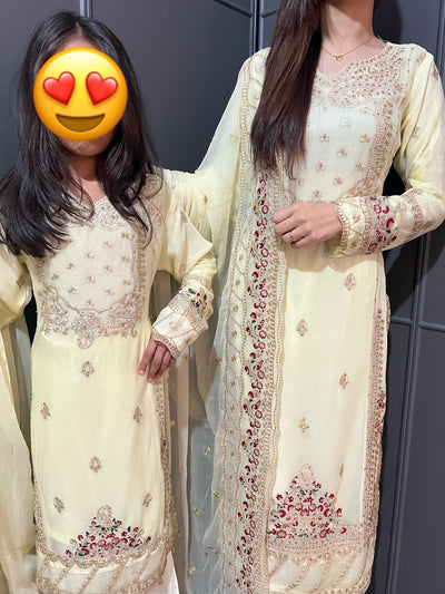 Yellow Embroidered Chiffon Mother & Daughter Ready to Wear Collection - Perfect for Family Outfits