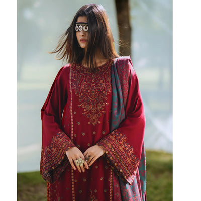 Redish Maroon Embroidered Dhanak | with Pashmina Shawl Winter| Collection by Casuallite