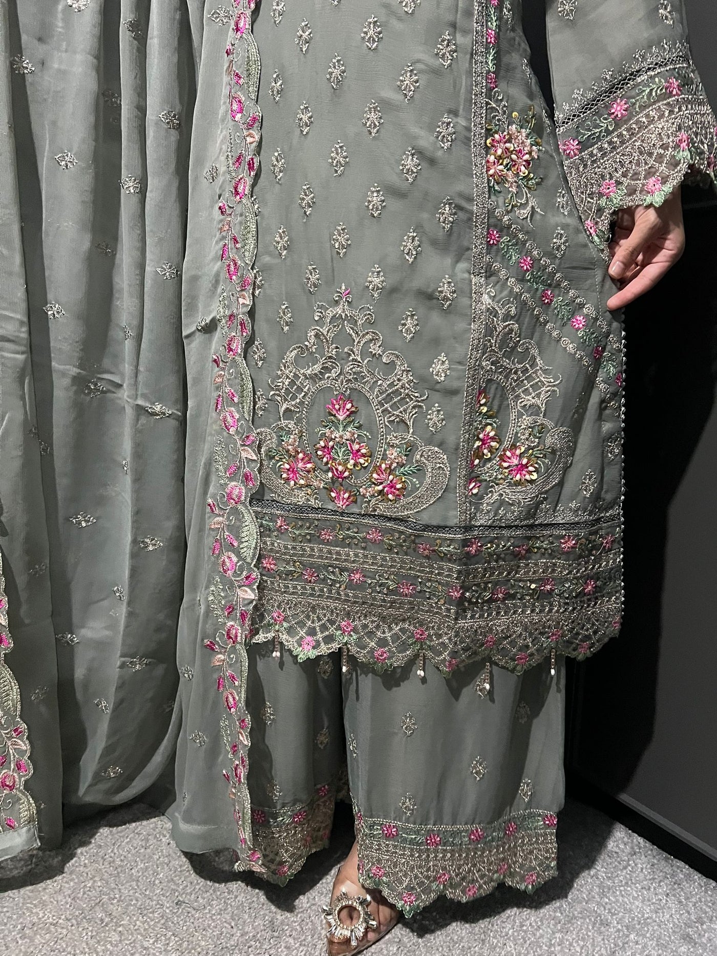 Gray 3Pc Plazzo Embroidered Chiffon Collection With Embroidered Chiffon Dupatta