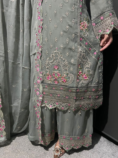 Gray 3Pc Plazzo Embroidered Chiffon Collection With Embroidered Chiffon Dupatta