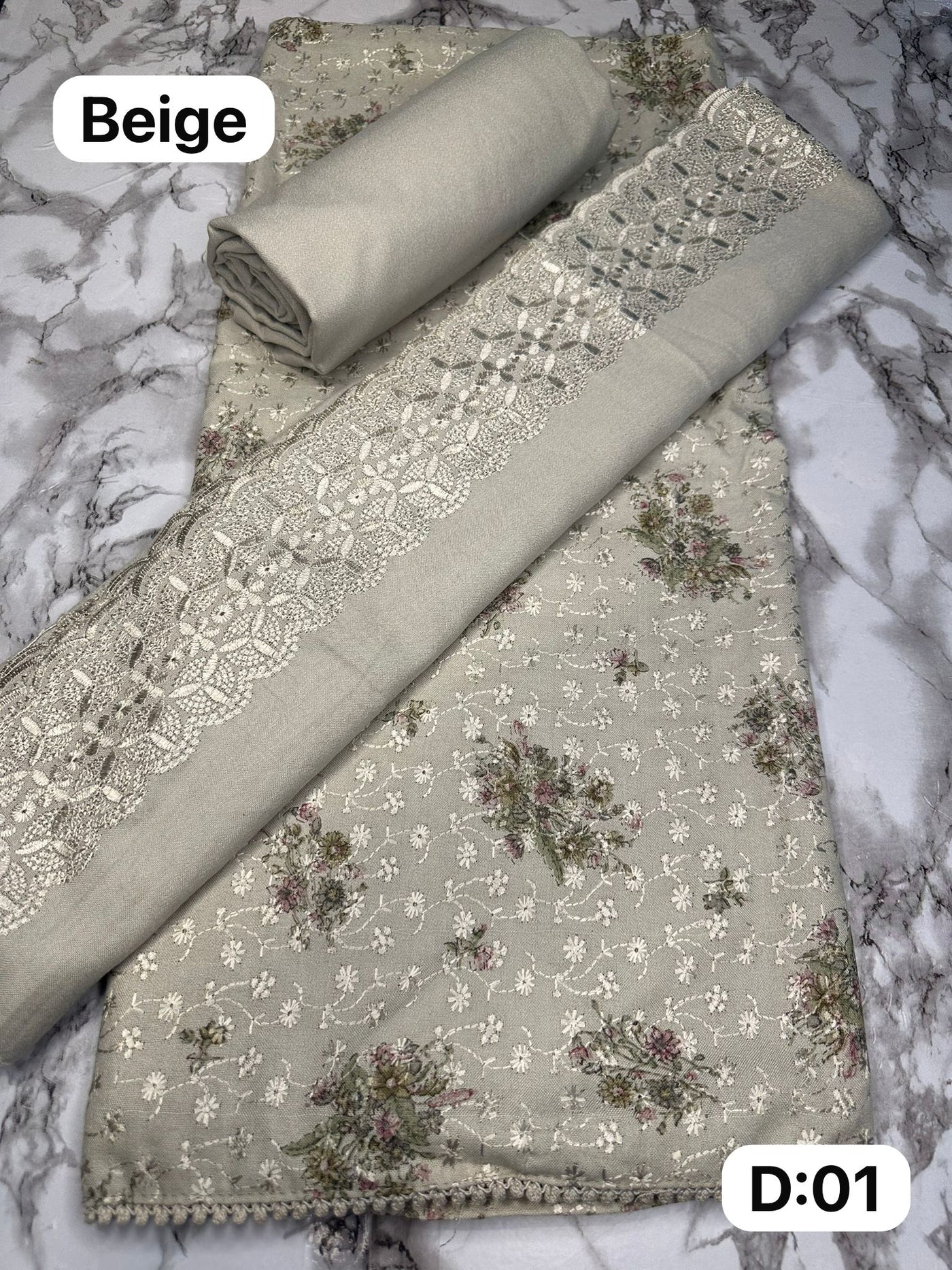 D01 Beige Winter Embroidered Unstitched Alpine Suit