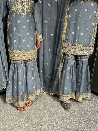 GRAY- Embroidered Gharara Chiffon Mother & Daughter Ready to Wear Collection - Perfect for Family