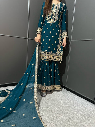 TEAL- Embroidered Gharara Chiffon Mother & Daughter Ready to Wear Collection - Perfect for Family