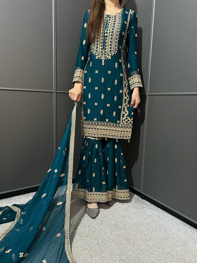 TEAL- Embroidered Gharara Chiffon Mother & Daughter Ready to Wear Collection - Perfect for Family