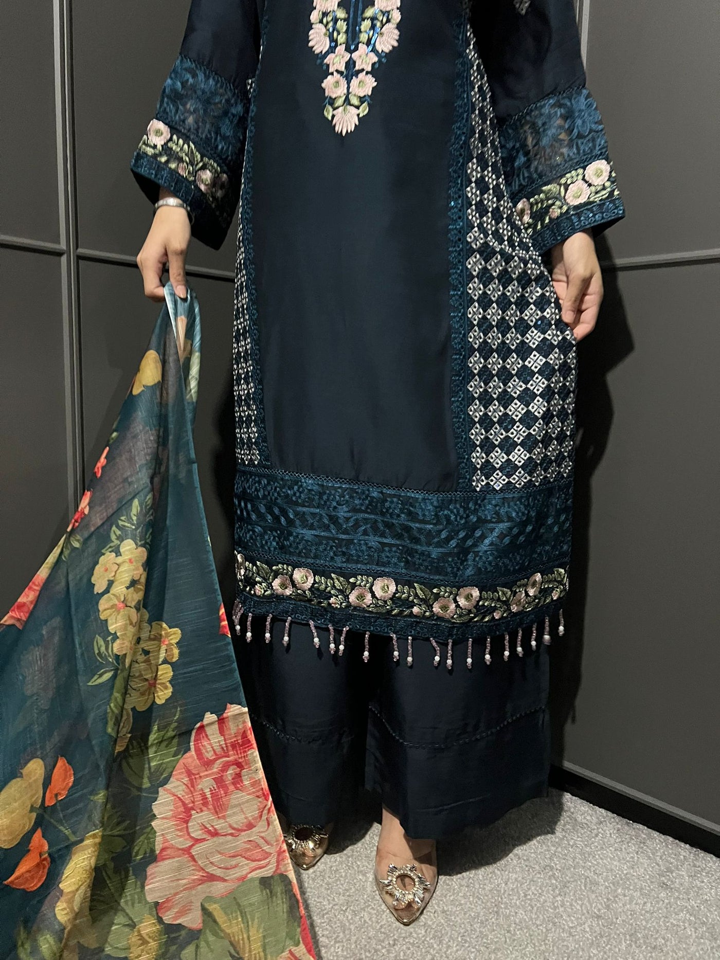 Blue - Viscose Embroidered Plazzo | Suit With Embroidered | Organza Dupatta