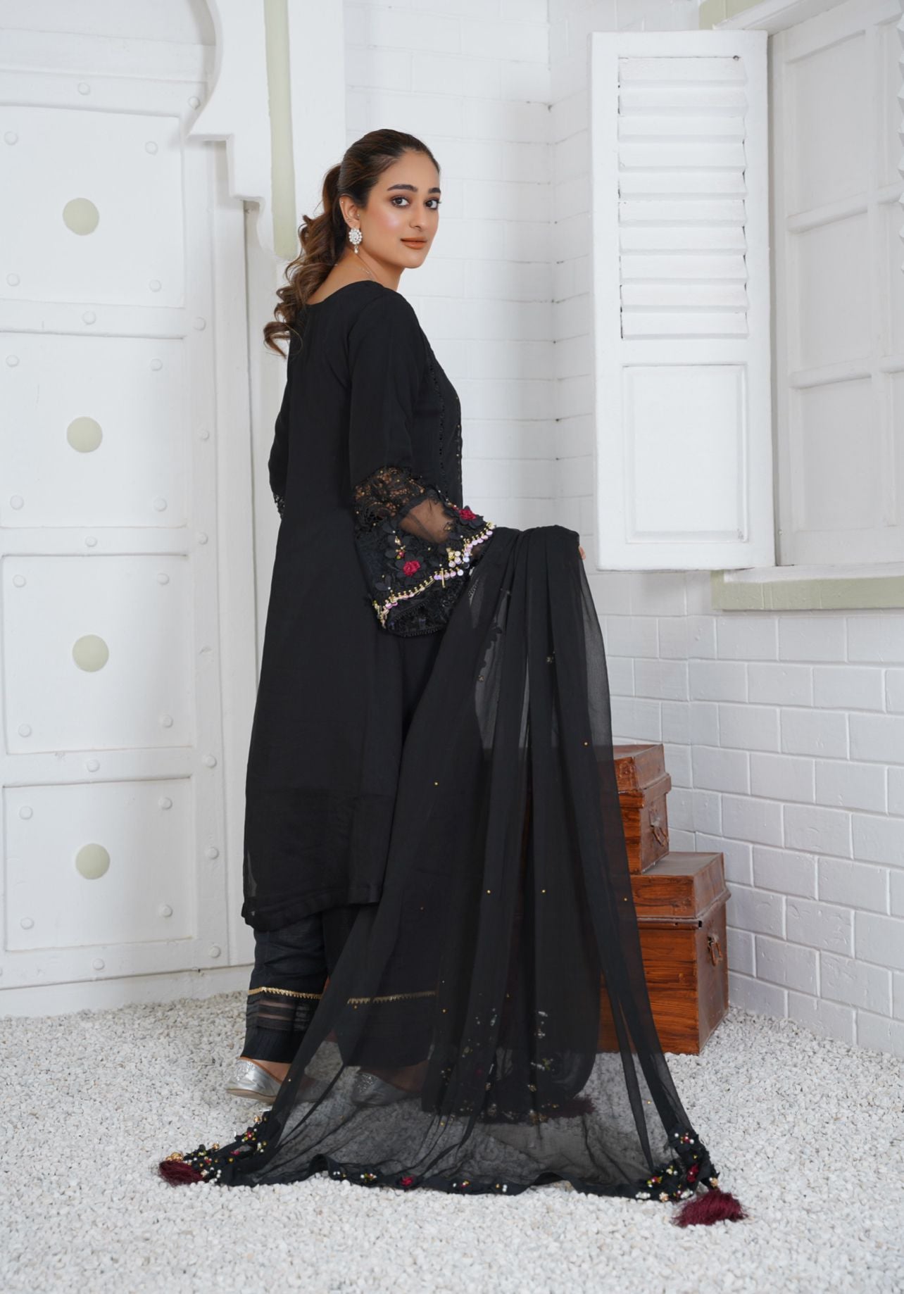 Chiffon Modern Styled Black Tail Frock D-77