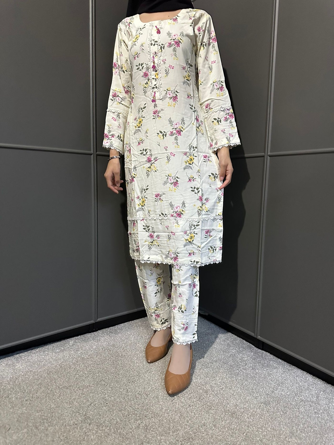 Floral Printed Stone Linen Suit - Trouser 2 Pc Set