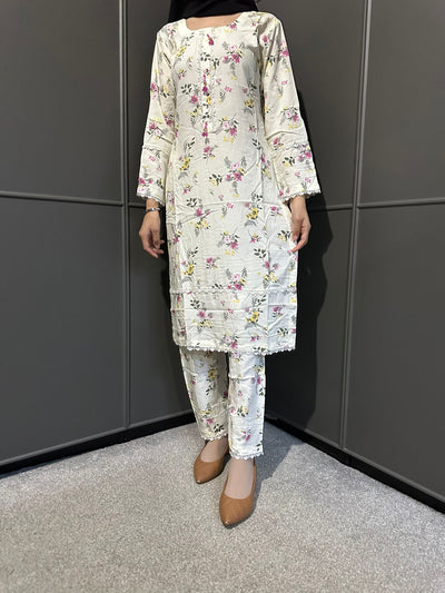 Floral Printed Stone Linen Suit - Trouser 2 Pc Set