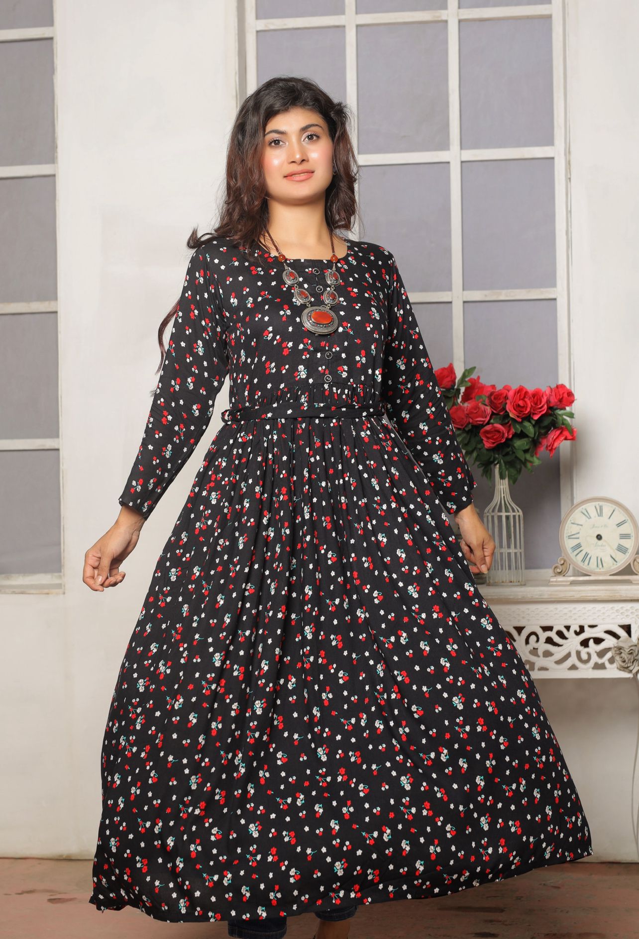 1 Pc Printed  Linen Maxi Dress D-1412