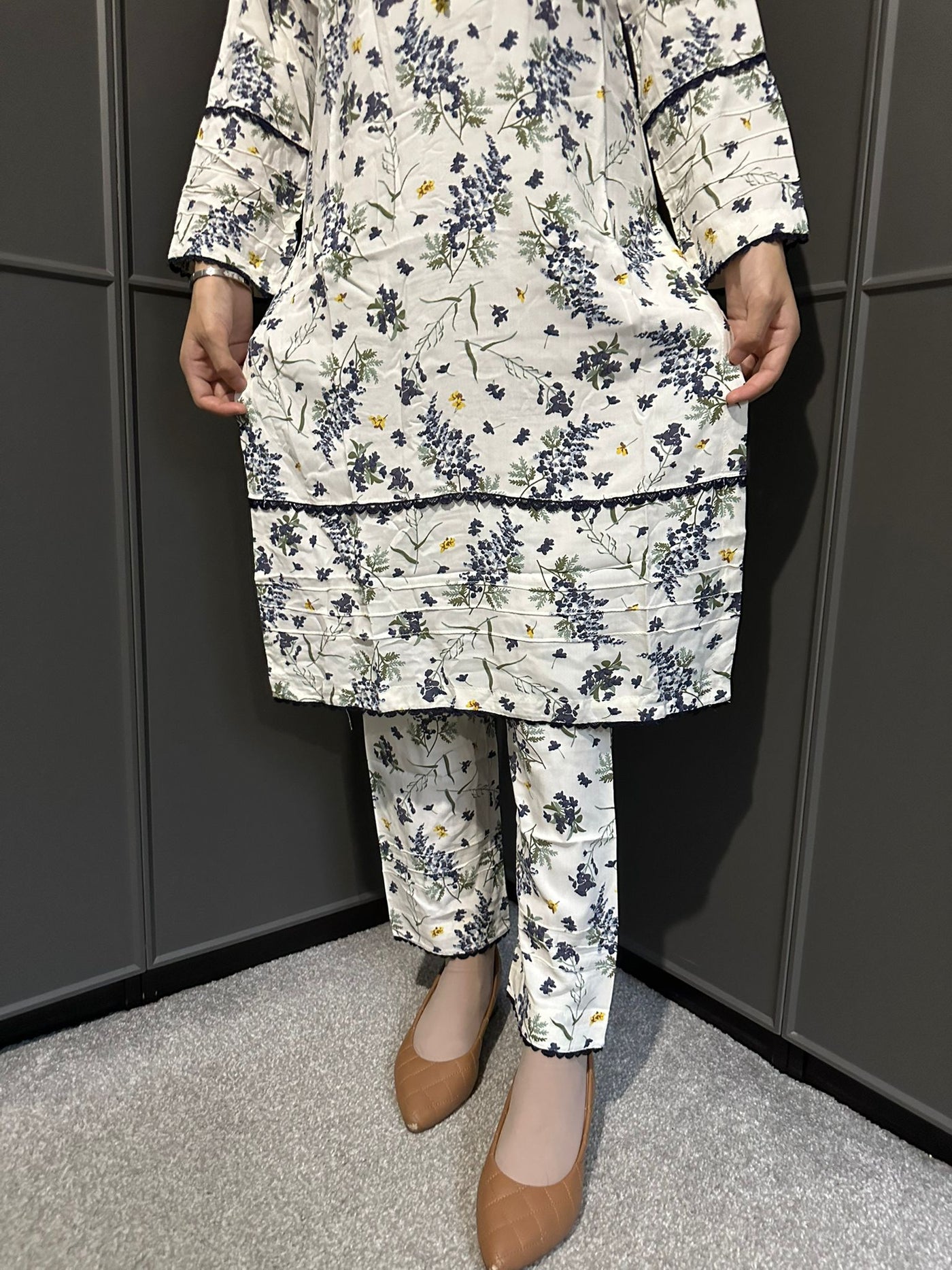 Floral Printed Stone Linen Suit - Trouser 2 Pc Set