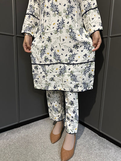 Floral Printed Stone Linen Suit - Trouser 2 Pc Set