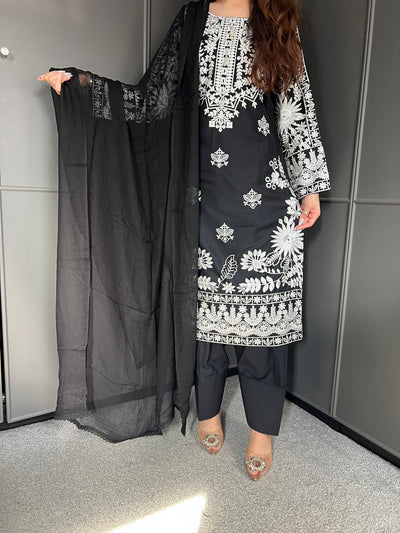 Black- FARSHI SHALWAR|Embroidered Linen 3 Piece |Outfit for Women - Asian Clothing