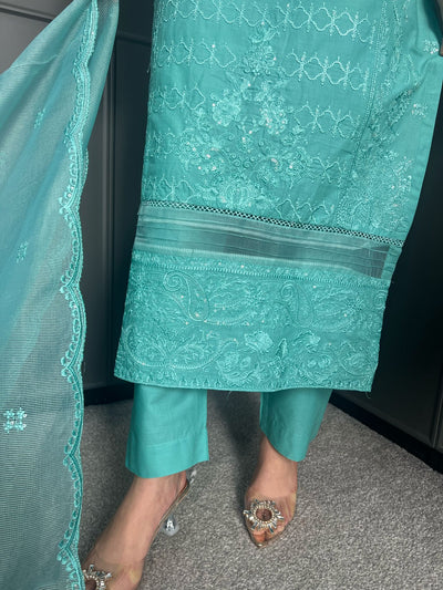 Embroidered Lawn Cotton Organza Suit with Organza Dupatta - Comfortable and Stylish