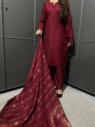 MAROON 3 PIECE PLAIN | DHANAK READY TO WEAR | SUIT WITH SHAWAL