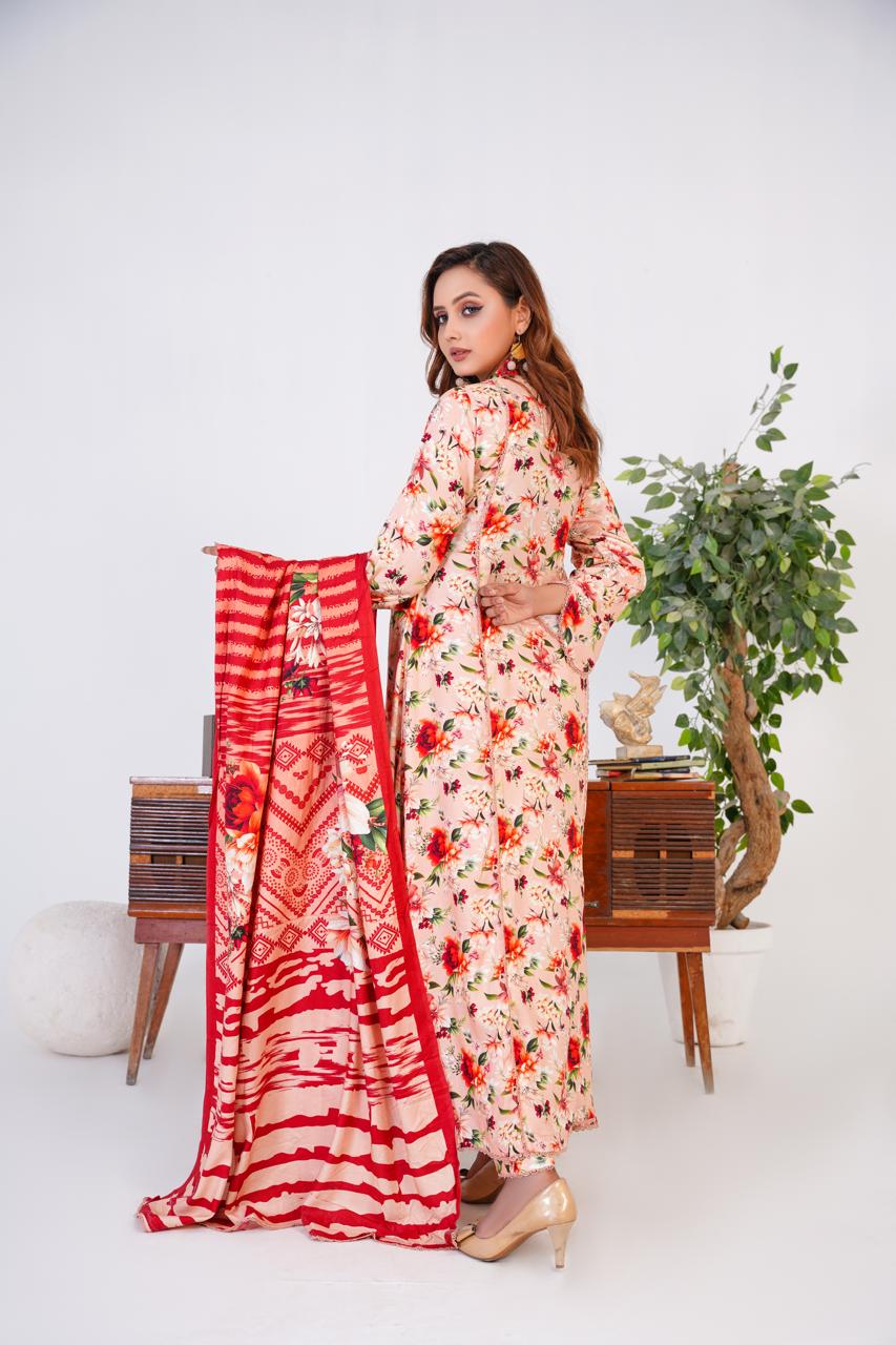 3 Pc Floral Printed Winter Linen Frock With Linen Dupatta D-603