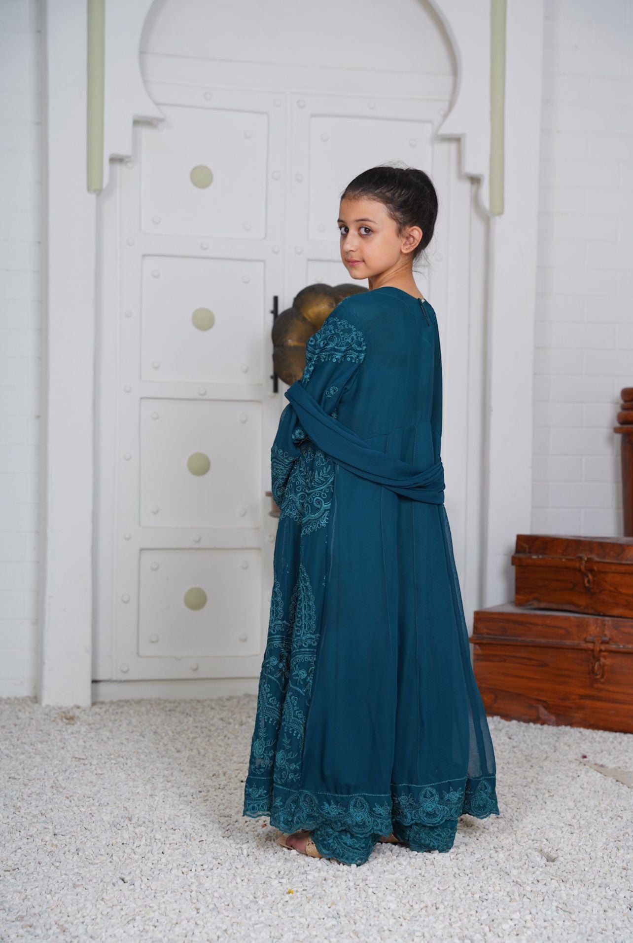 Mother & Daughter Ready to Wear Chiffon Maxi Dress Teal D-307| Shop Pakistani Dresses