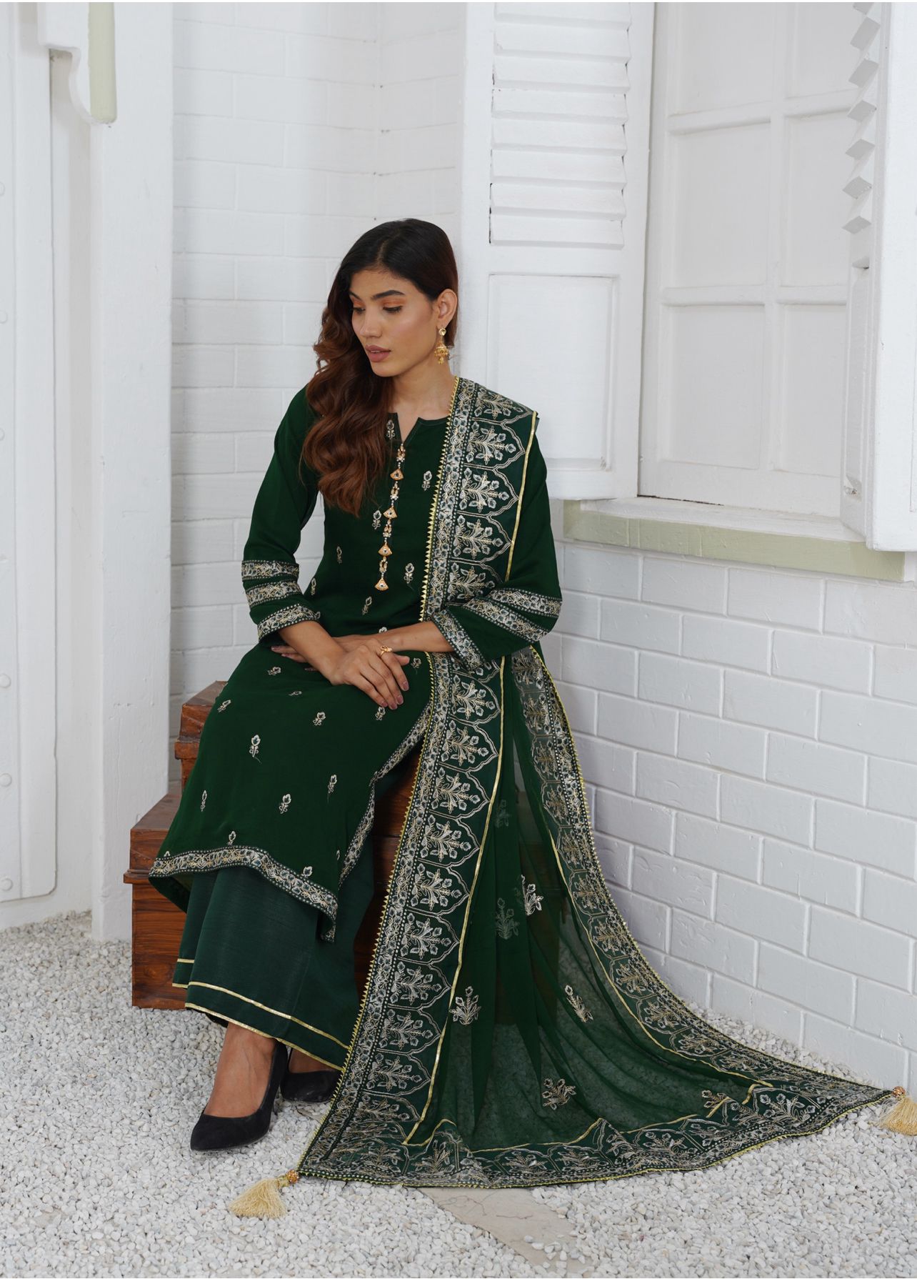 Readymade Chiffon Plazzo Suit With Embroidered Chiffon Dupatta GREEN D-79