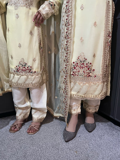 Yellow Embroidered Chiffon Mother & Daughter Ready to Wear Collection - Perfect for Family Outfits