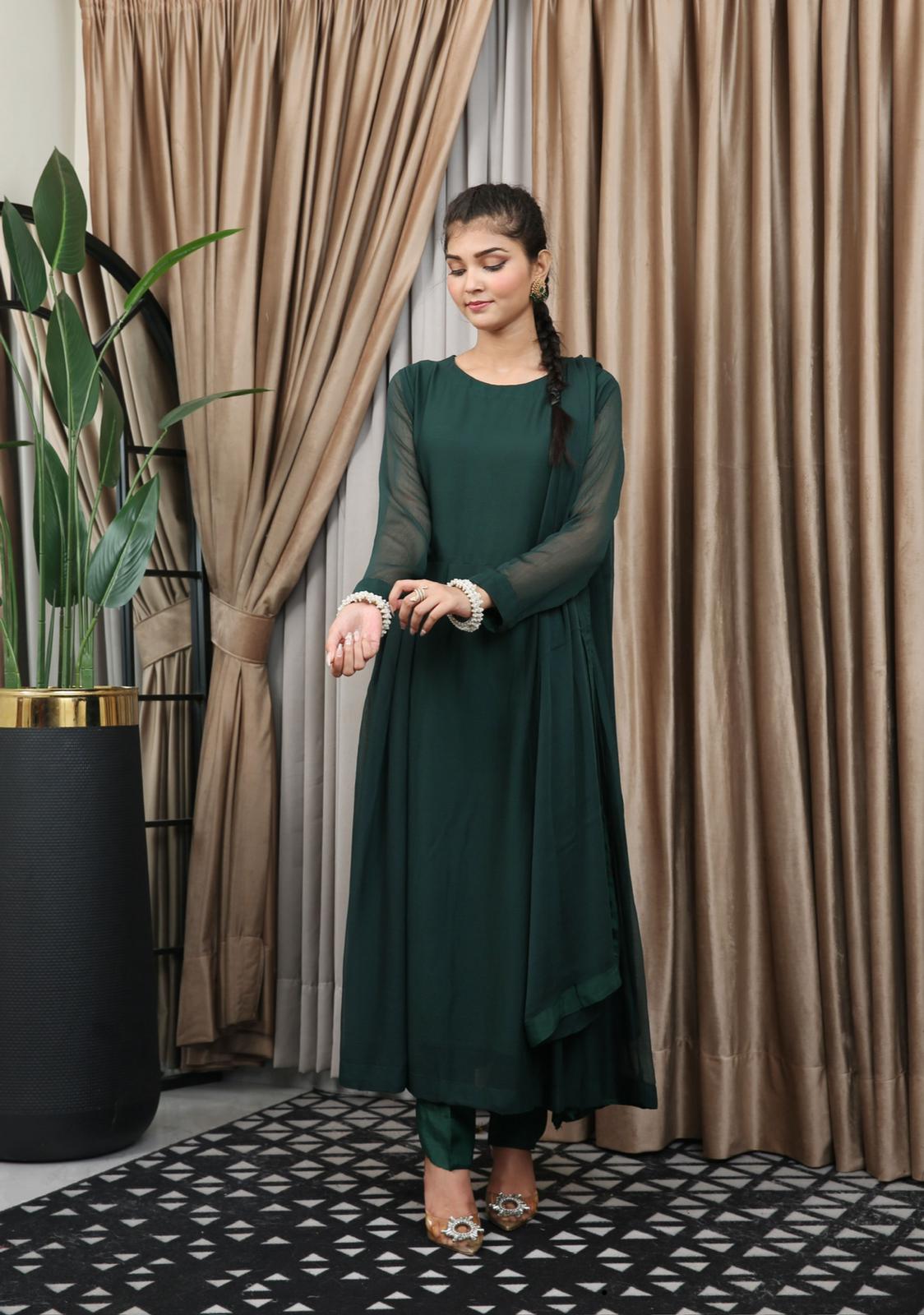 Green Readymade 3 Piece Plain Chiffon Maxi TS-821