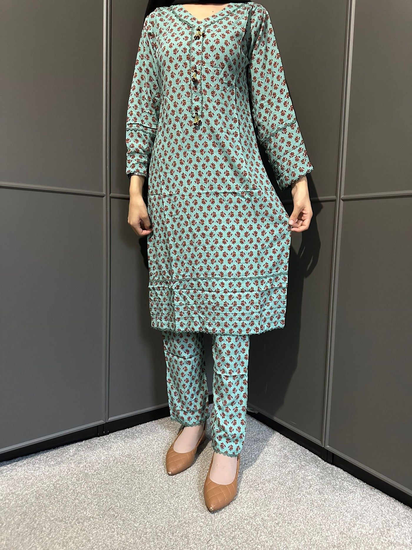 Floral Printed Stone Linen Suit - Trouser 2 Pc Set