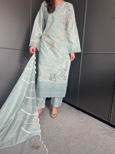 Embroidered Lawn Cotton Organza Suit with Organza Dupatta - Comfortable and Stylish