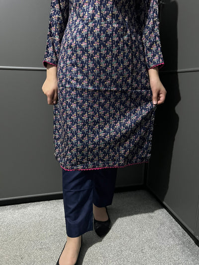 D-69 BLUE Printed 2 Piece Winter Dhanak Suit