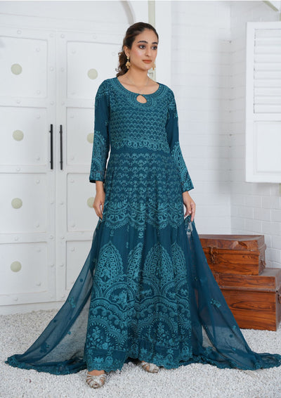 Mother & Daughter Ready to Wear Chiffon Maxi Dress Teal D-307| Shop Pakistani Dresses