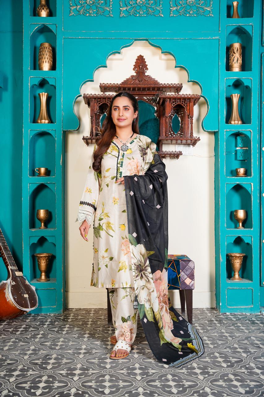 3 Pc Floral Printed Designer Lawn Suit With Lawn Dupatta  IJ-7