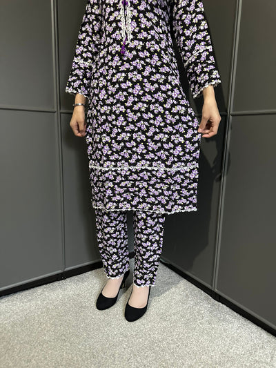 Floral Printed Stone Linen Suit - Trouser 2 Pc Set