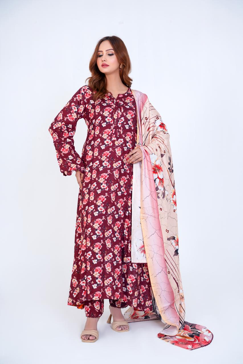 3 Pc Floral Printed Winter Linen Frock With Linen Dupatta D-310