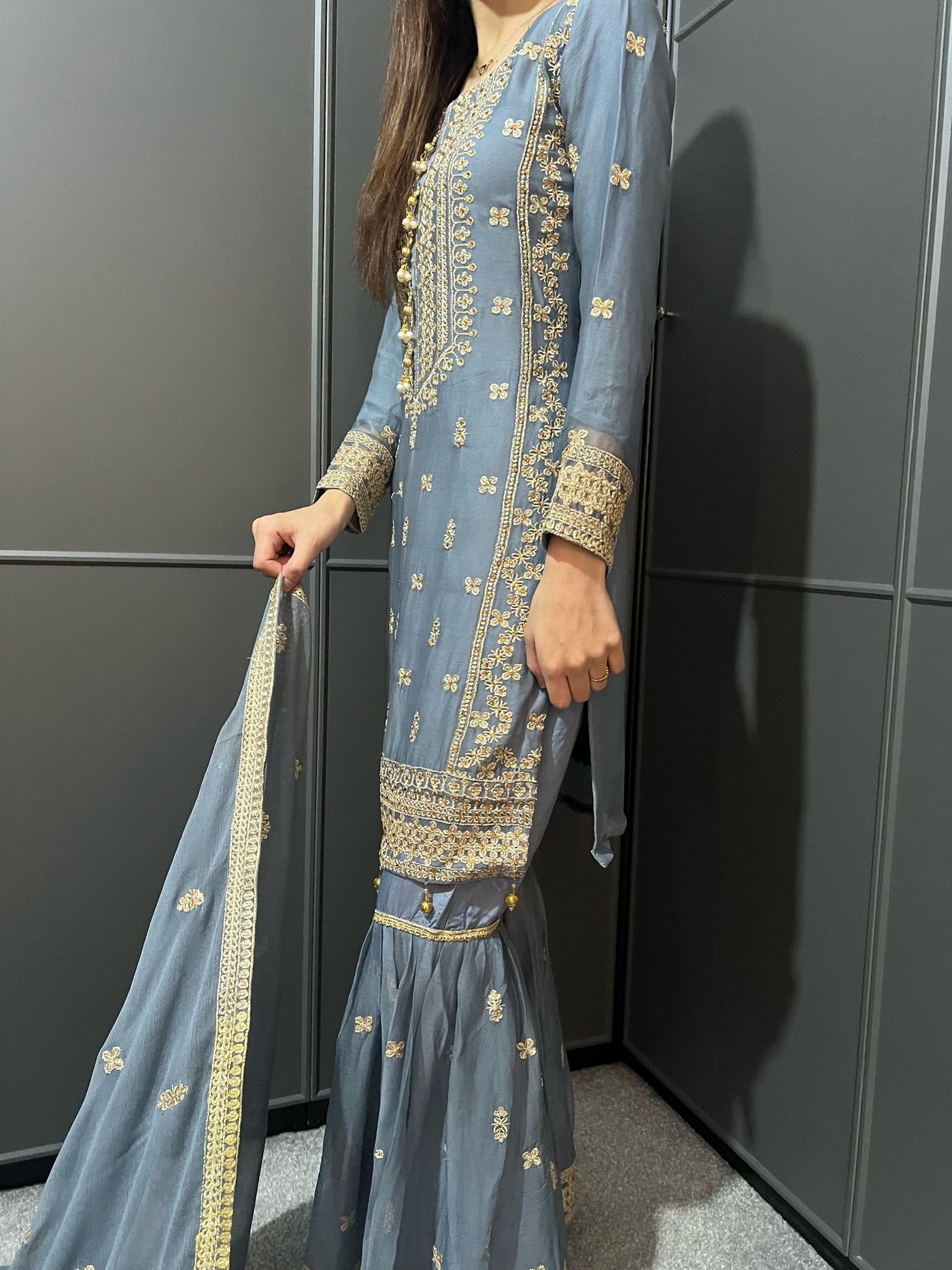 GRAY- Embroidered Gharara Chiffon Mother & Daughter Ready to Wear Collection - Perfect for Family