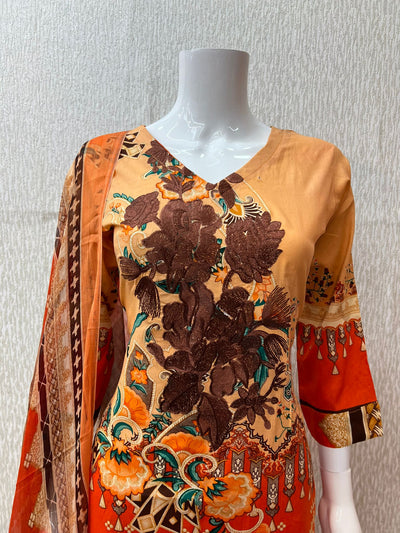 3Pc Lawn Designer Embroidered With Chiffon Dupatta D-723