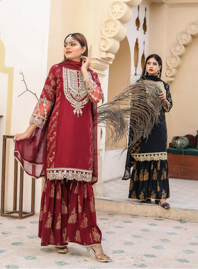 Embroidered Linen Sharara Suit With Chiffon Dupatta Maroon D-173