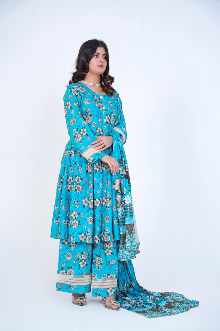 3 Pc Floral Printed Winter Linen Frock With Linen Dupatta D-208