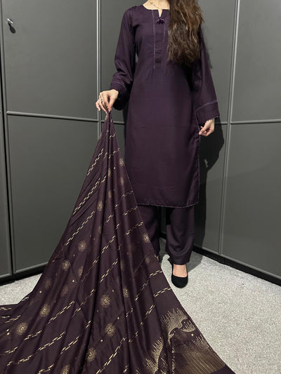 PLUM  3 PIECE PLAIN | DHANAK READY TO WEAR | SUIT WITH SHAWAL