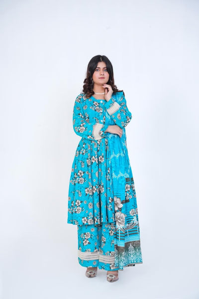 3 Pc Floral Printed Winter Linen Frock With Linen Dupatta D-208