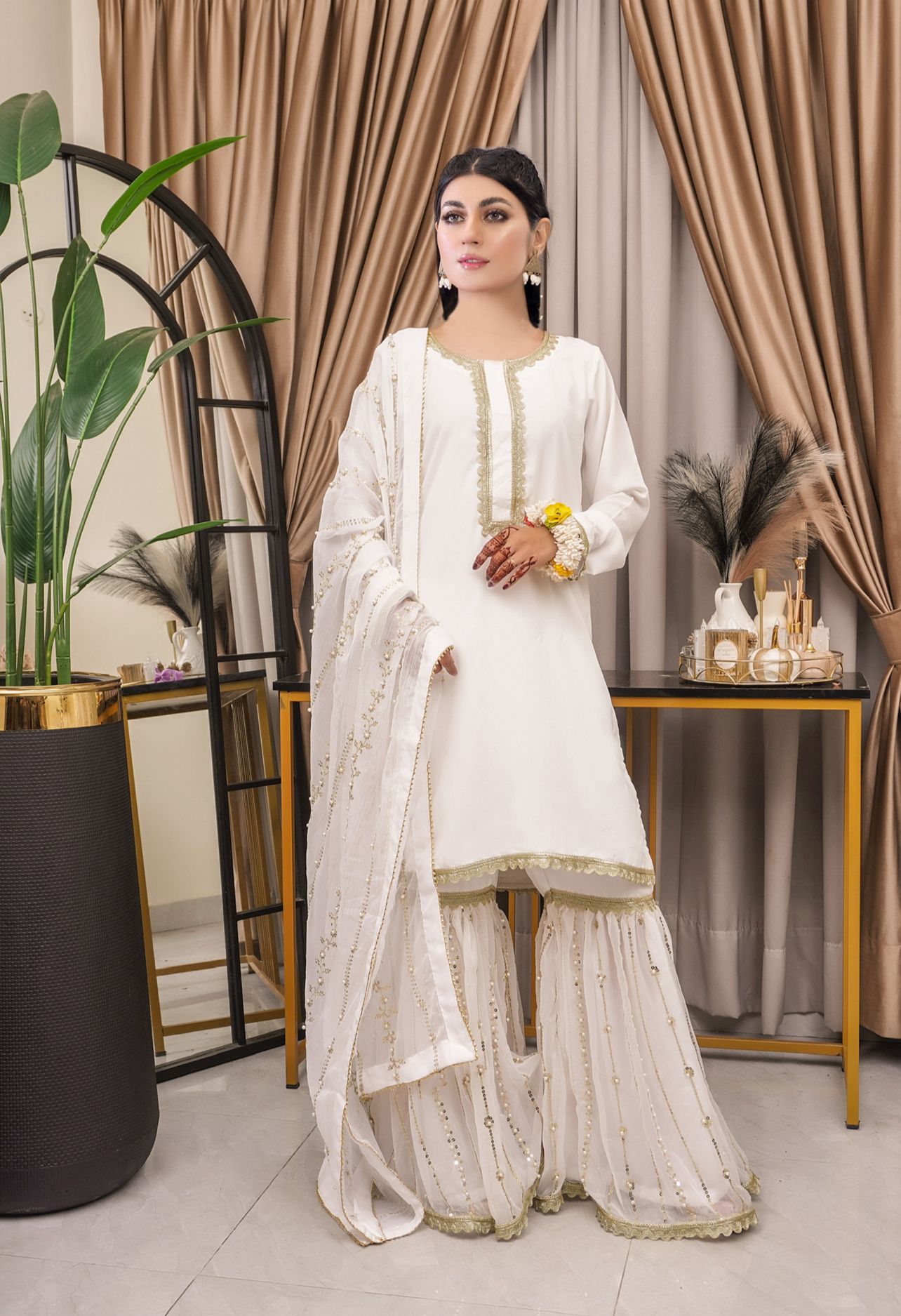 Mahham Luxury Chiffon Gharara Collection White  D-24