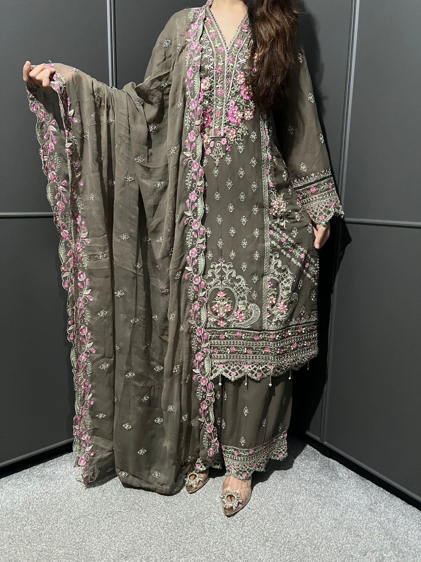 Beige 3Pc Plazzo Embroidered Chiffon Collection With Embroidered Chiffon Dupatta
