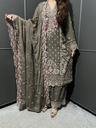 Beige 3Pc Plazzo Embroidered Chiffon Collection With Embroidered Chiffon Dupatta