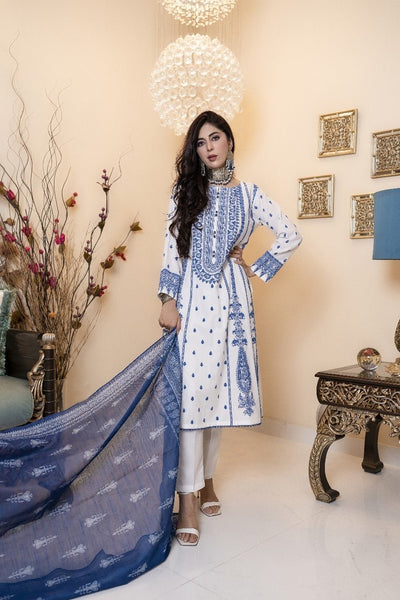 White 3 Pc  Emboss Printed Lawn Cotton  Readymade Suit -2702