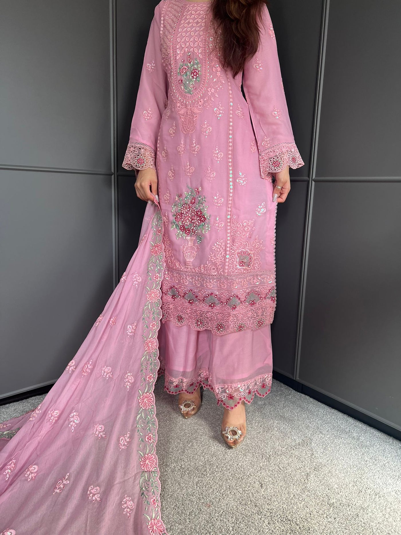 3Pc Plazzo Embroidered Chiffon Collection With Embroidered Chiffon Dupatta