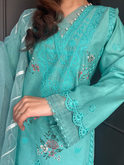 Embroidered Lawn Cotton Organza Suit with Organza Dupatta - Comfortable and Stylish