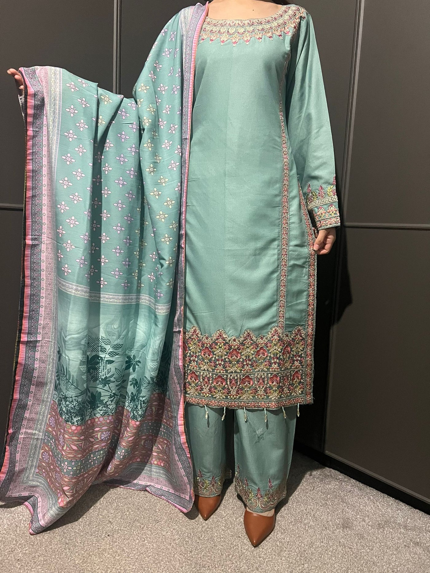 3 Pc Embroidered Dhanak Readymade Plazzo Suit with Winter shawl