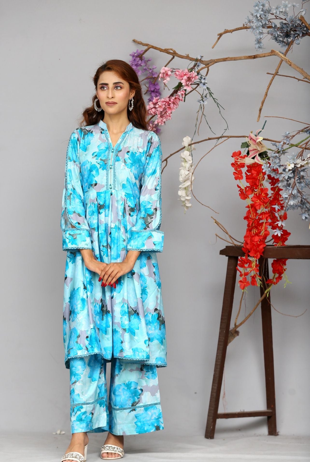 3 Pc Floral Printed Winter Linen Frock With Linen Dupatta D-202