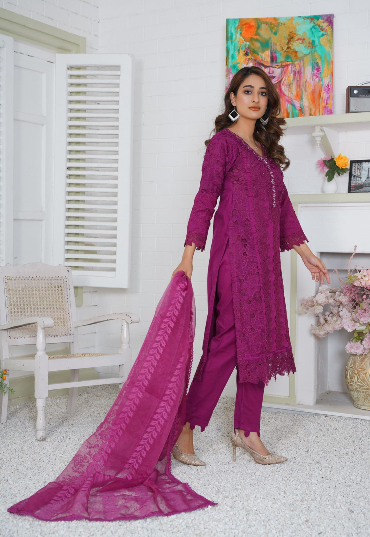 Premium Lawn 3 Piece Outfit With Printed Net Dupatta Pink D-9B