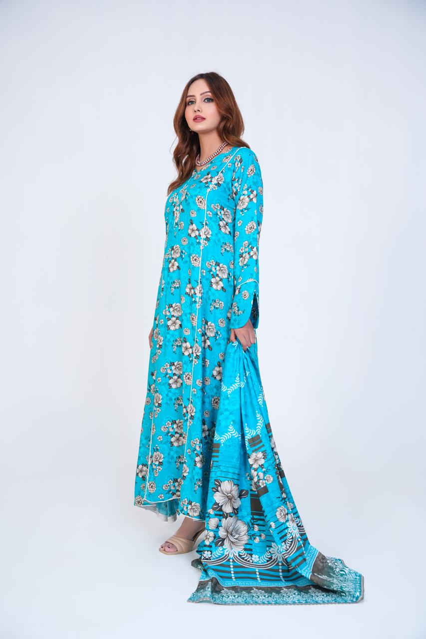 3 Pc Floral Printed Winter Linen Frock With Linen Dupatta D-308