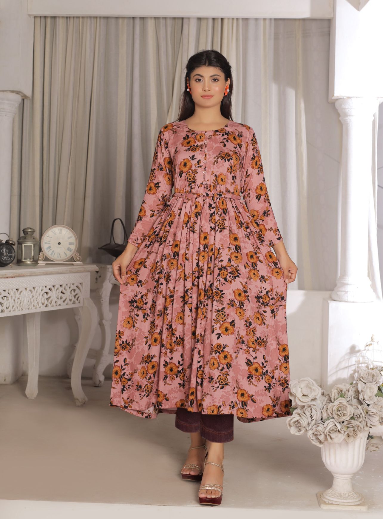 1 Pc Printed  Linen Maxi Dress D-1403