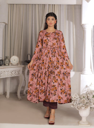 1 Pc Printed  Linen Maxi Dress D-1403