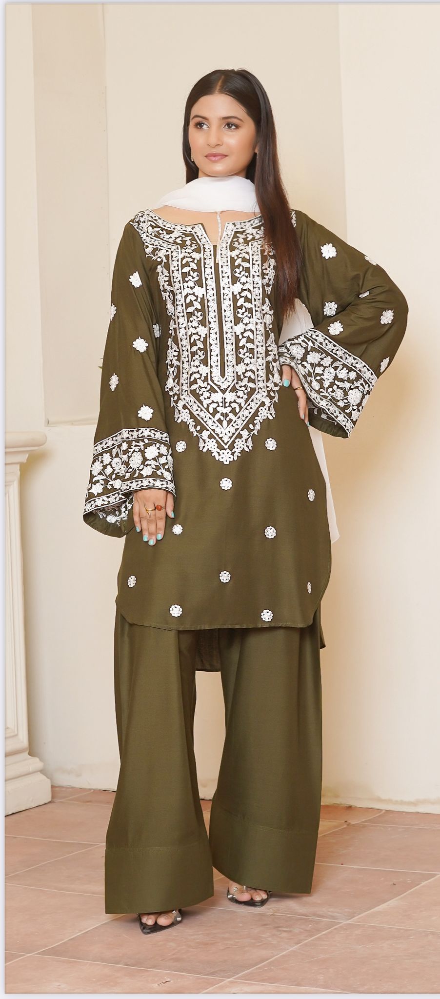 Embroidered  Linen Suit with Chiffon Dupatta - 3 Piece Set