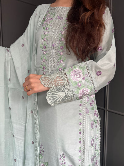 Mint  - Viscose Embroidered Plazzo | Suit With Embroidered | Chiffon Dupatta